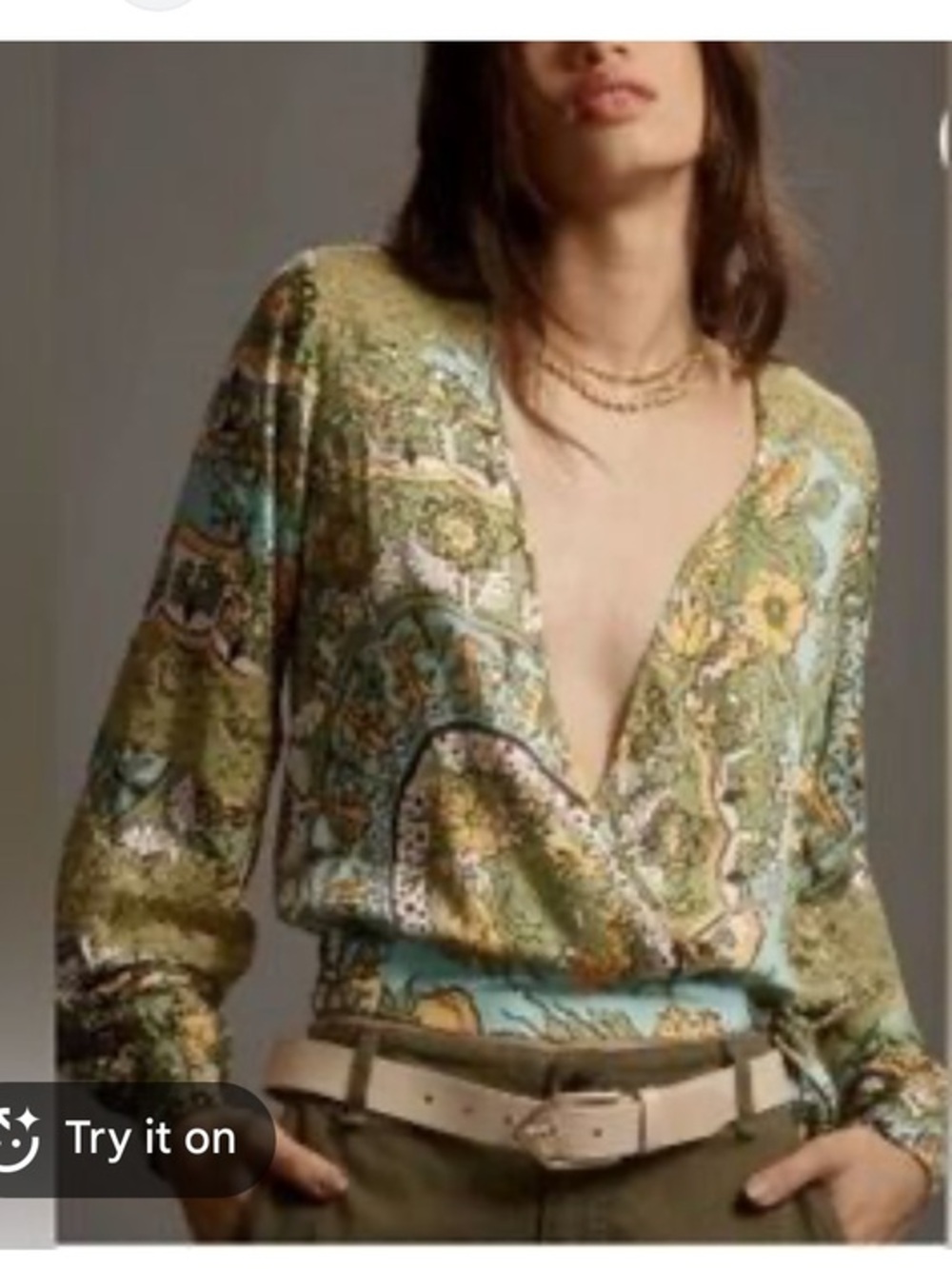 Karma Highway Boho Floral Wrap Top Blouse Green Grey